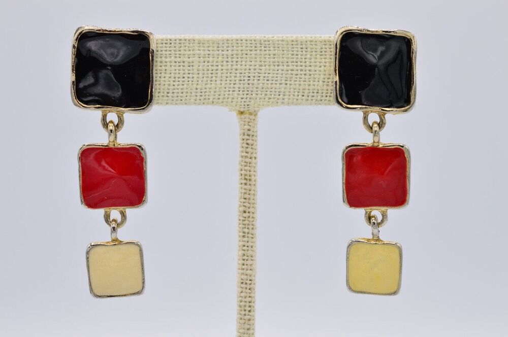 Vintage Dangle Earrings Red Navy Blue Off White Enamel Geometric 1980s BinAF